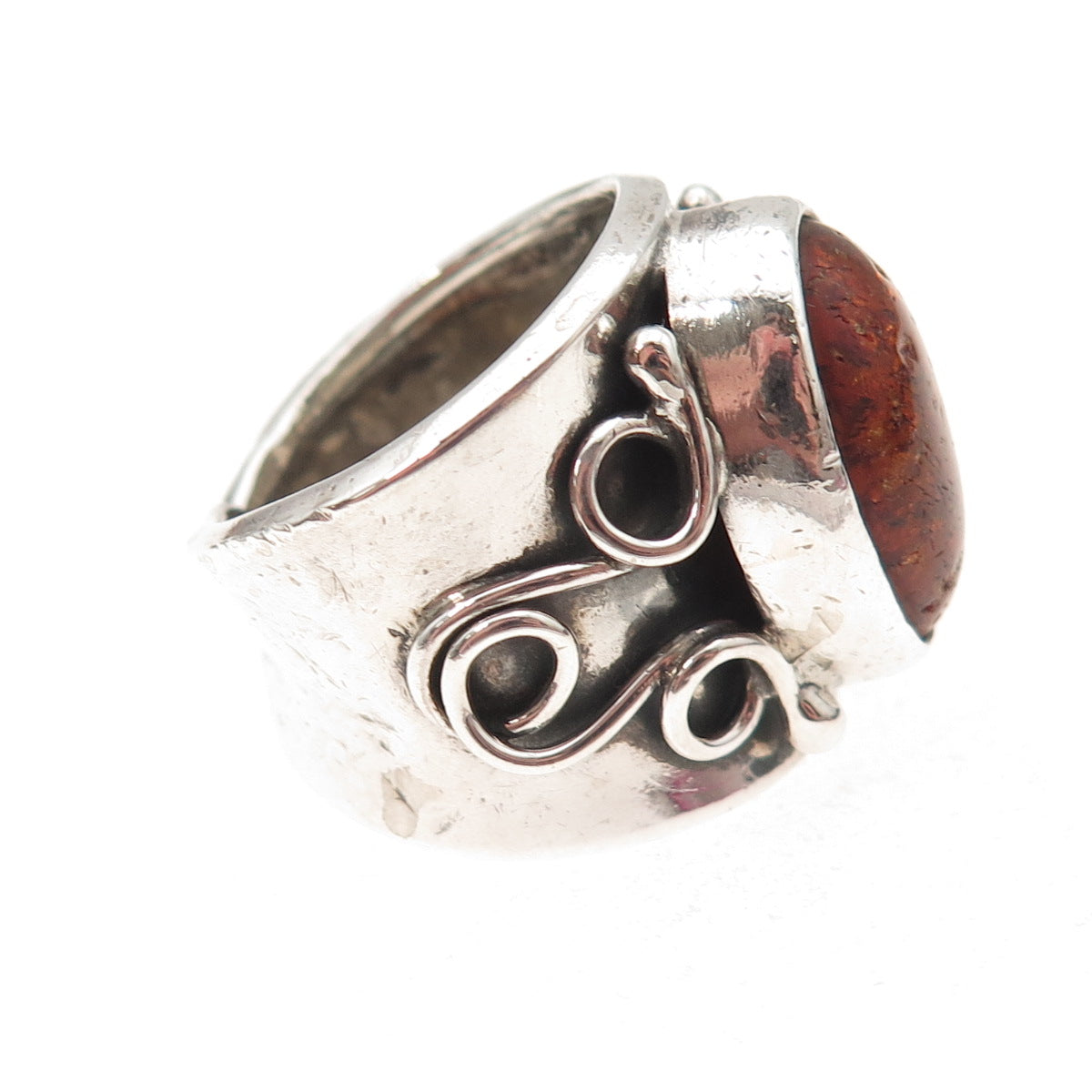 925 Sterling Silver Vintage Poland Real Amber Modernist Oxidized Ring Size 8