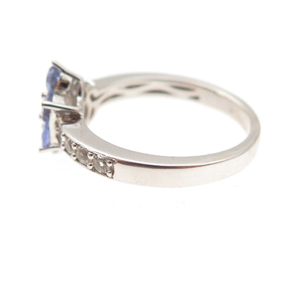 925 Sterling Silver Real Tanzanite & White Topaz Floral Ring Size 7.25
