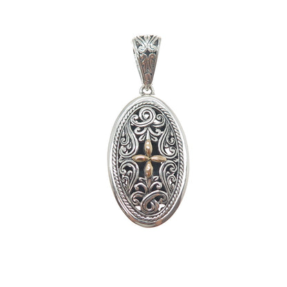 925 Sterling Silver & 18K Gold Vintage Ornate Flower Oxidized Charm Pendant