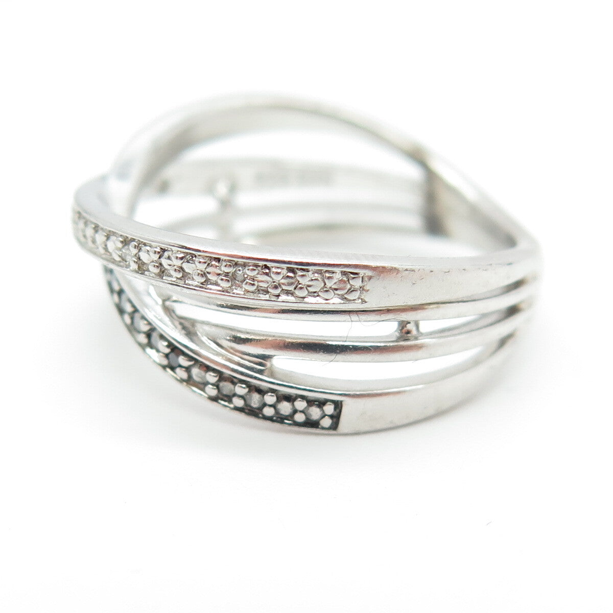 SUN 925 Sterling Silver Real Black & White Diamond Crisscross Ring Size 6.75