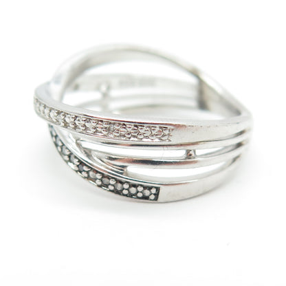 SUN 925 Sterling Silver Real Black & White Diamond Crisscross Ring Size 6.75