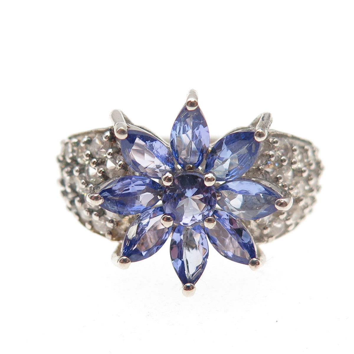 Chuck Clemency 925 Sterling Real Tanzanite & White Topaz Floral Ring Size 8.25