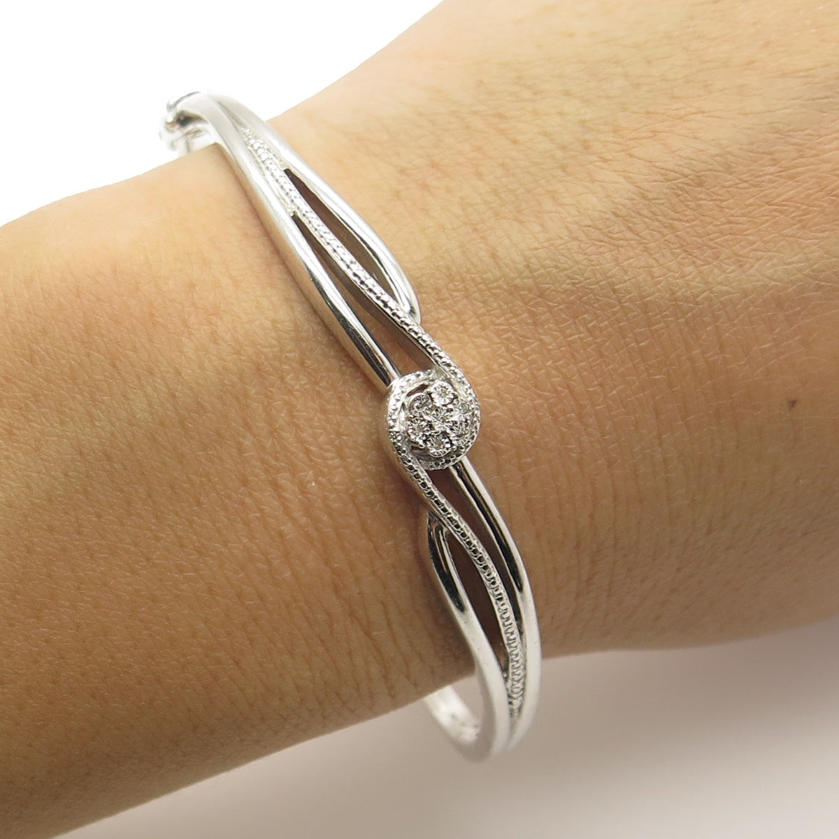 JANE SEYMOUR 925 Sterling Silver Real Round-Cut Diamond Bangle Bracelet 7.5"