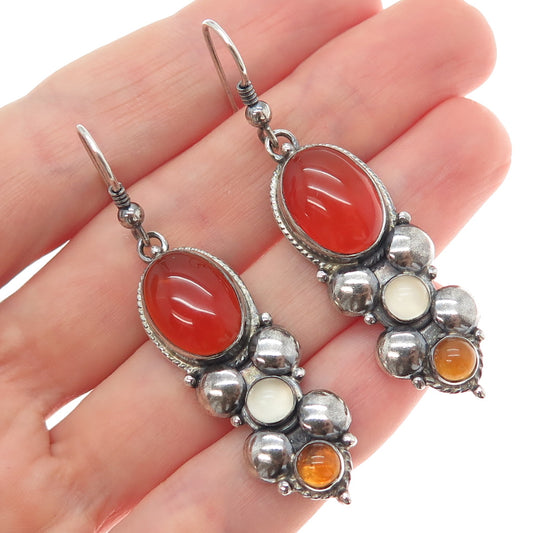 925 Sterling Silver Vintage Real Carnelian Citrine & Moonstone Oxidized Earrings