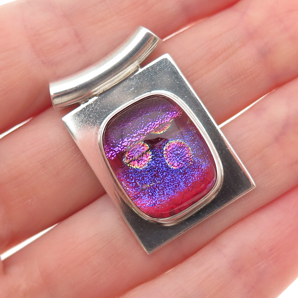 H & BJ Mackie 925 Sterling Silver Vintage Dichroic Glass Modernist Slide Pendant