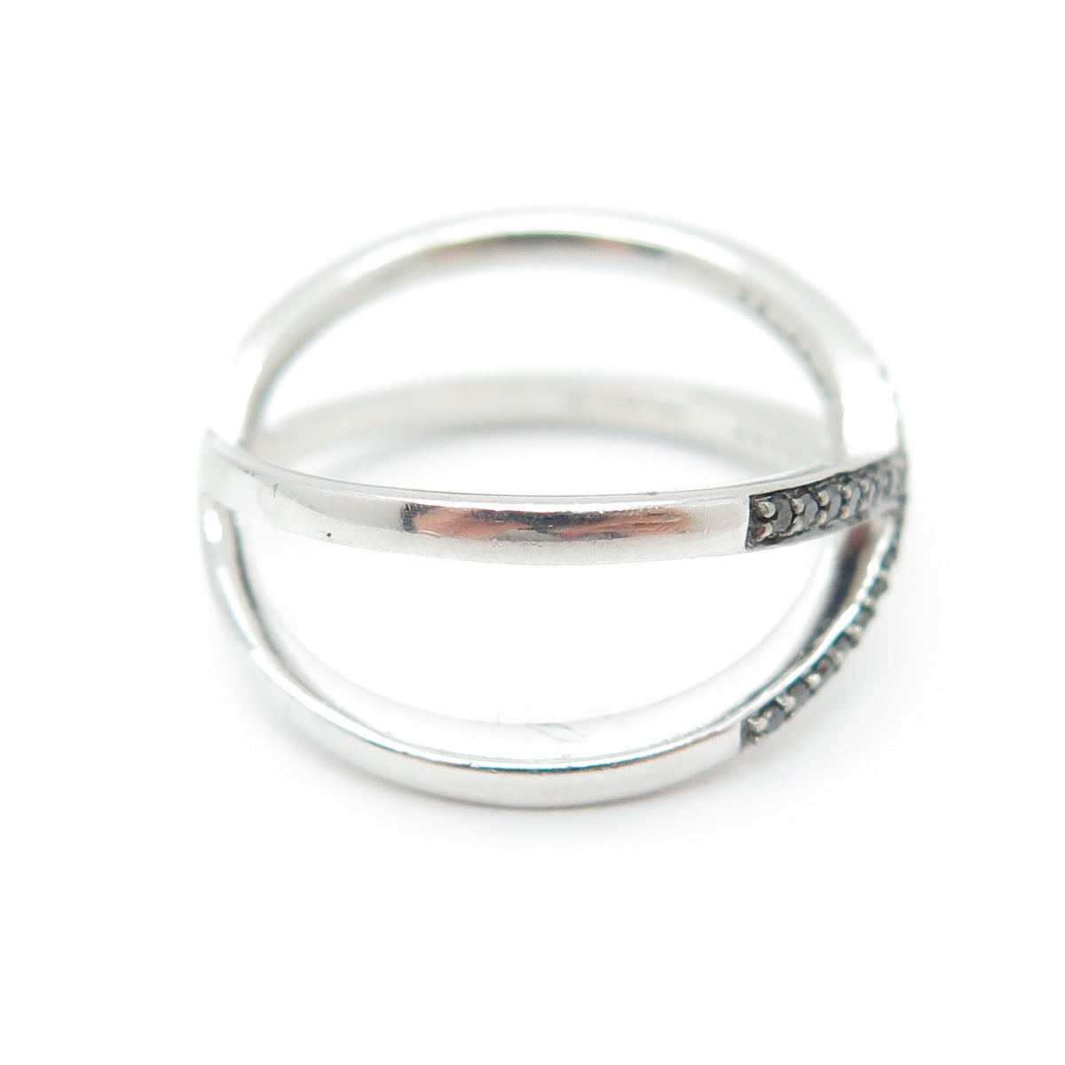 925 Sterling Silver Real Round-Cut Black Diamond Crisscross Ring Size 7.75