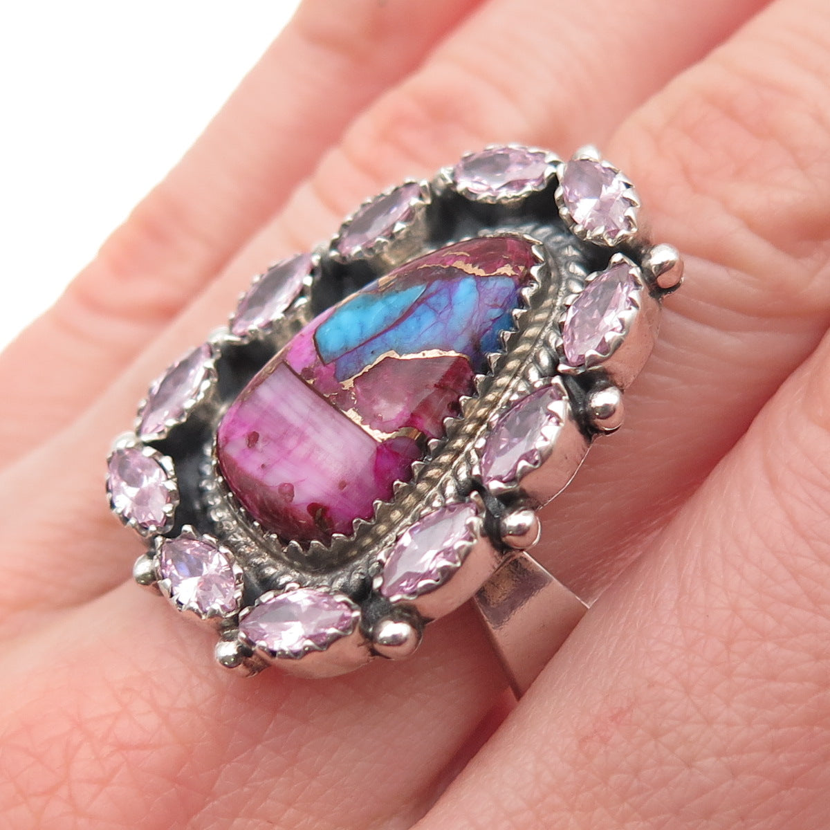 925 Sterling Vintage Real Pink Spiny Oyster Turquoise C Z Adjustable Ring Size 8