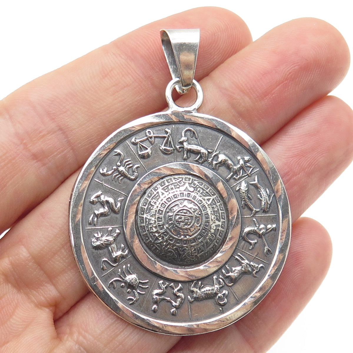 925 Sterling Silver Vintage Mexico Mayan & Zodiac Calendar Oxidized Pendant