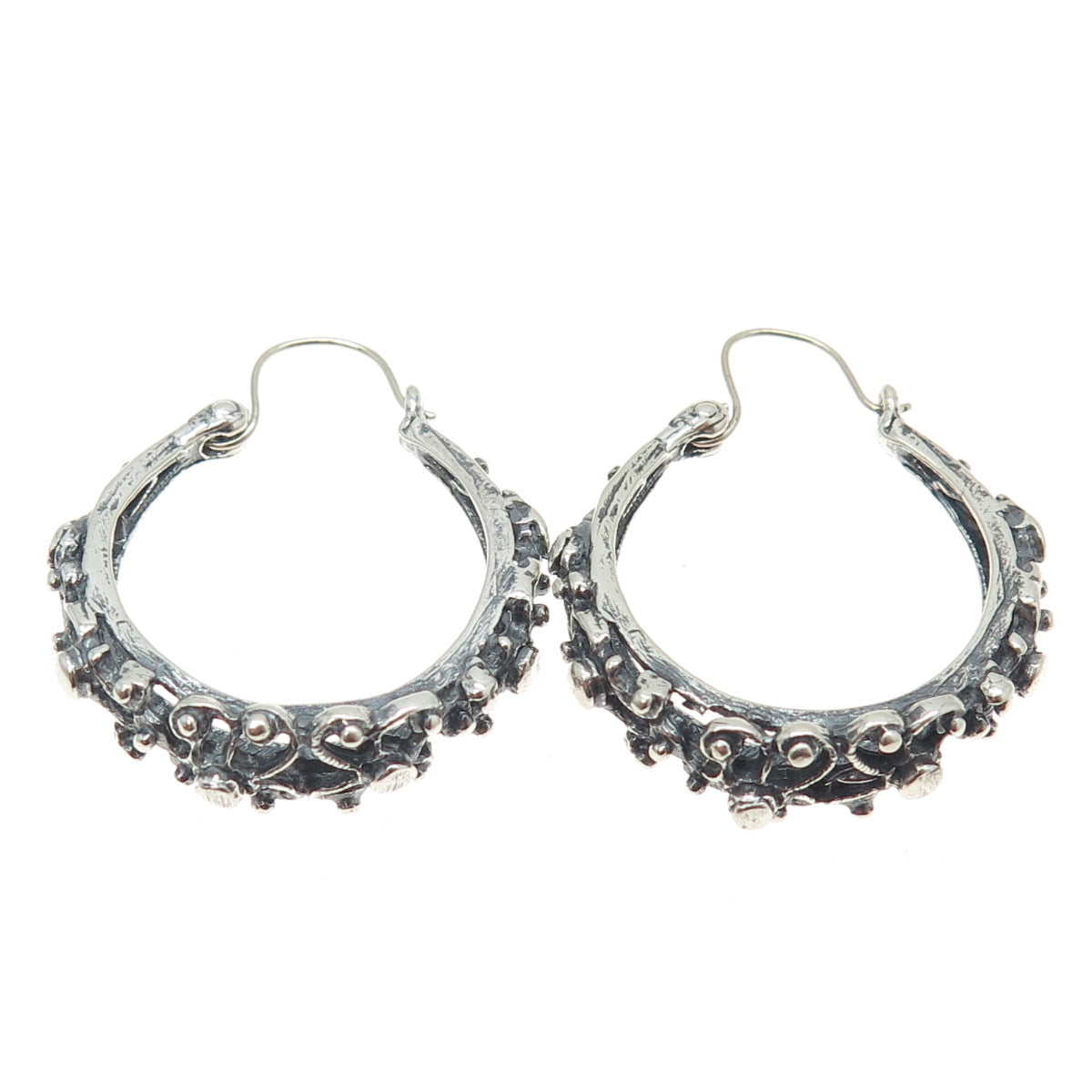 925 Sterling Silver Vintage Floral Oxidized Hoop Earrings