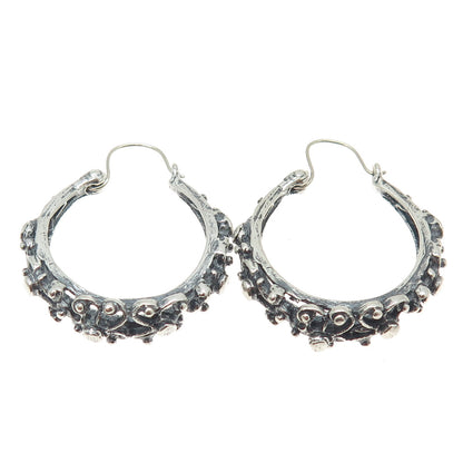 925 Sterling Silver Vintage Floral Oxidized Hoop Earrings