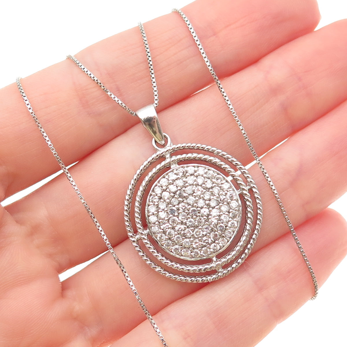 925 Sterling Silver Round-Cut C Z Disc Box Chain Necklace 18"