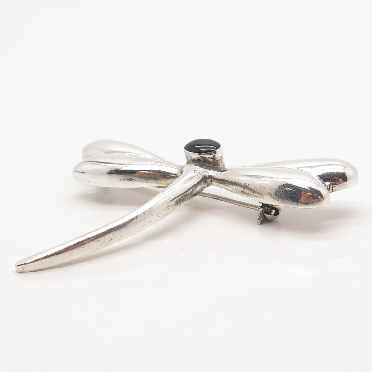 925 Sterling Silver Vintage Real Black Onyx Gemstone Butterfly Pin Brooch