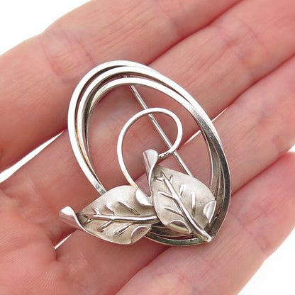 CURTIS 925 Sterling Silver Vintage Modernist Floral Leaf Oxidized Pin Brooch