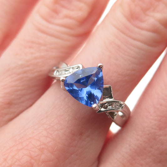 925 Sterling Real Round-Cut Diamond & Triangle-Cut Tanzanite Love Ring Size 6.75