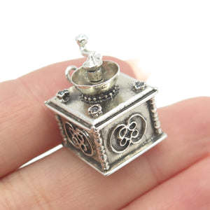 BEAU 925 Sterling Silver Antique Art Deco Coffee Grinder 3D Pendant