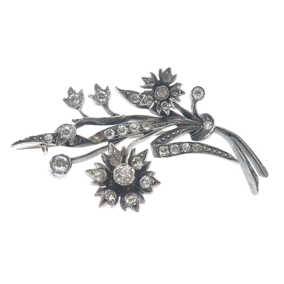 ALFRED FEAU 800 Silver Antique France Rhinestone Flower Oxidized Pin Brooch
