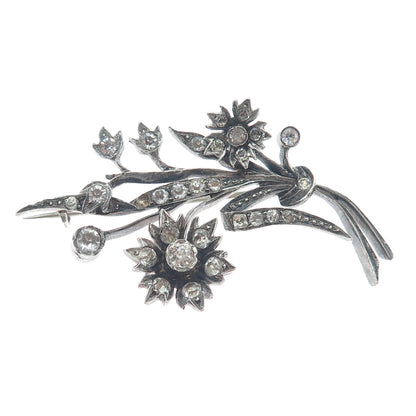 ALFRED FEAU 800 Silver Antique France Rhinestone Flower Oxidized Pin Brooch
