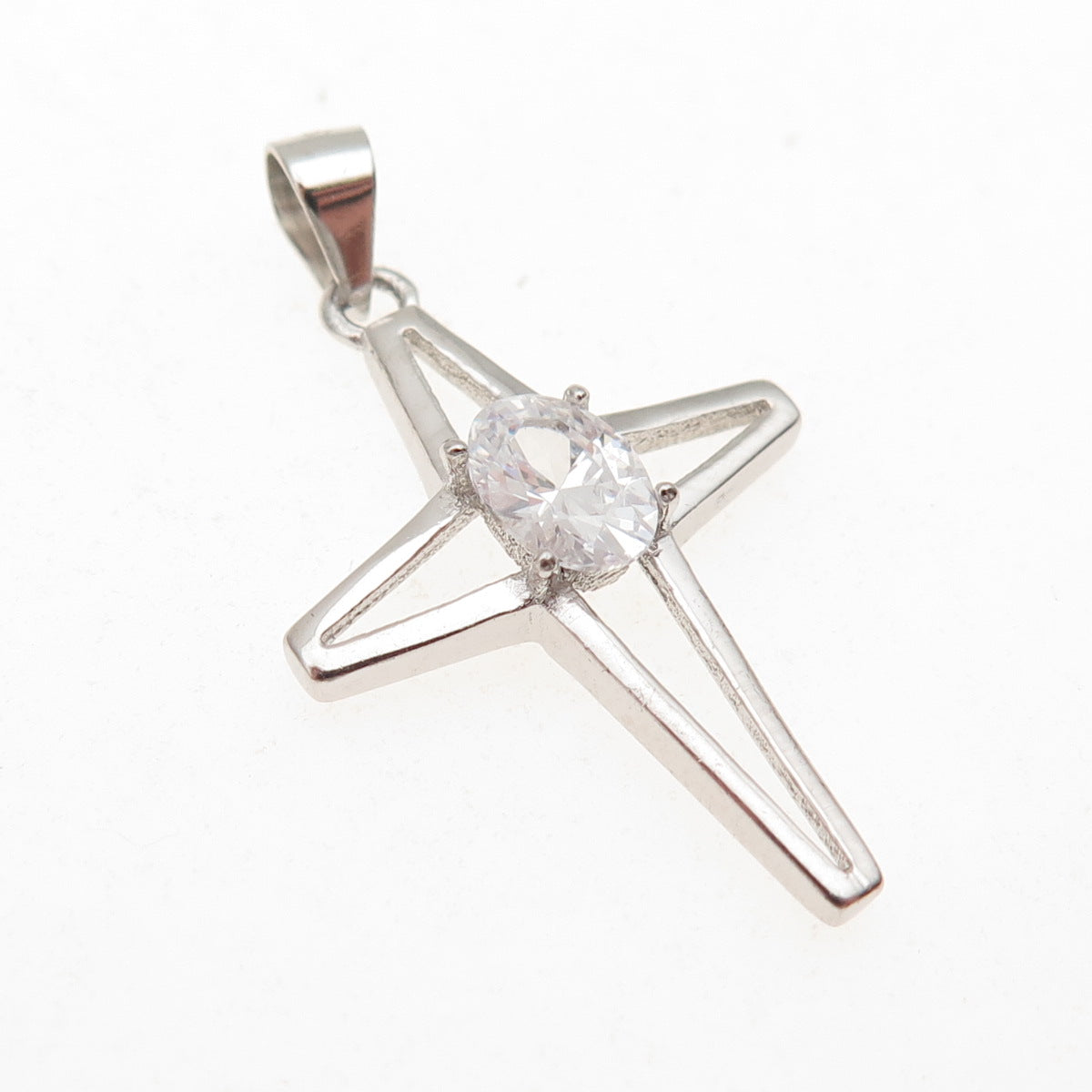 925 Sterling Silver Oval-Cut C Z North Star Cross Charm Pendant
