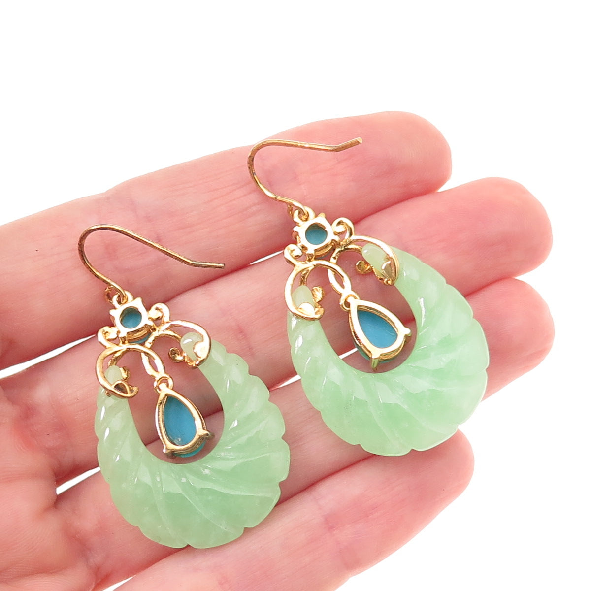 925 Sterling Silver Gold Plated Real Turquoise & Jade Teardrop Dangle Earrings