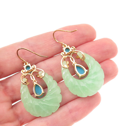 925 Sterling Silver Gold Plated Real Turquoise & Jade Teardrop Dangle Earrings