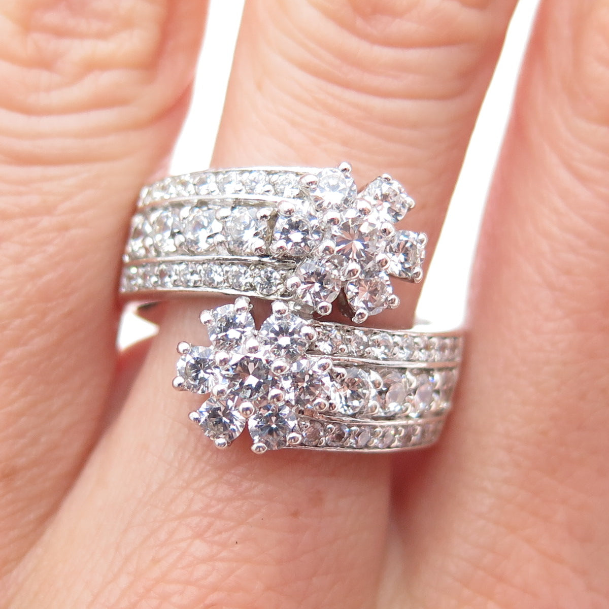 925 Sterling Silver Round-Cut C Z Flower Bypass Ring Size 10.25