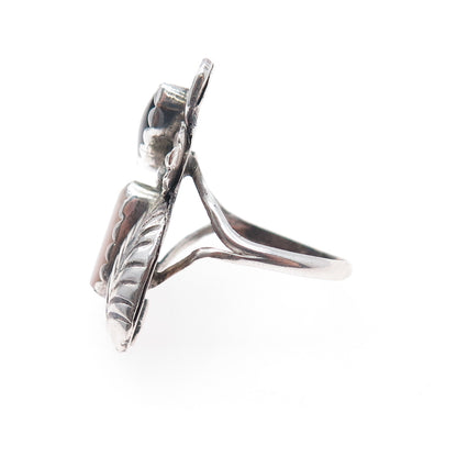 Old Pawn Sterling Silver Vintage Black Onyx & MOP Feather Tribal Ring Size 7.75