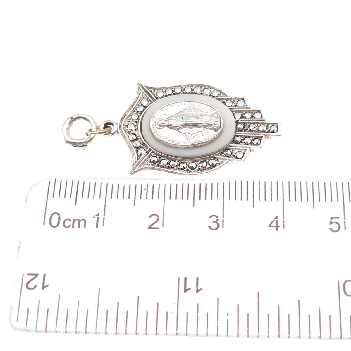 925 Sterling Antique Art Deco Real MOP & Marcasite St. Mary Spring Ring Pendant