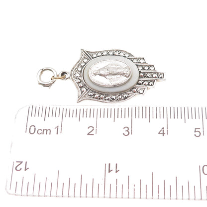 925 Sterling Antique Art Deco Real MOP & Marcasite St. Mary Spring Ring Pendant
