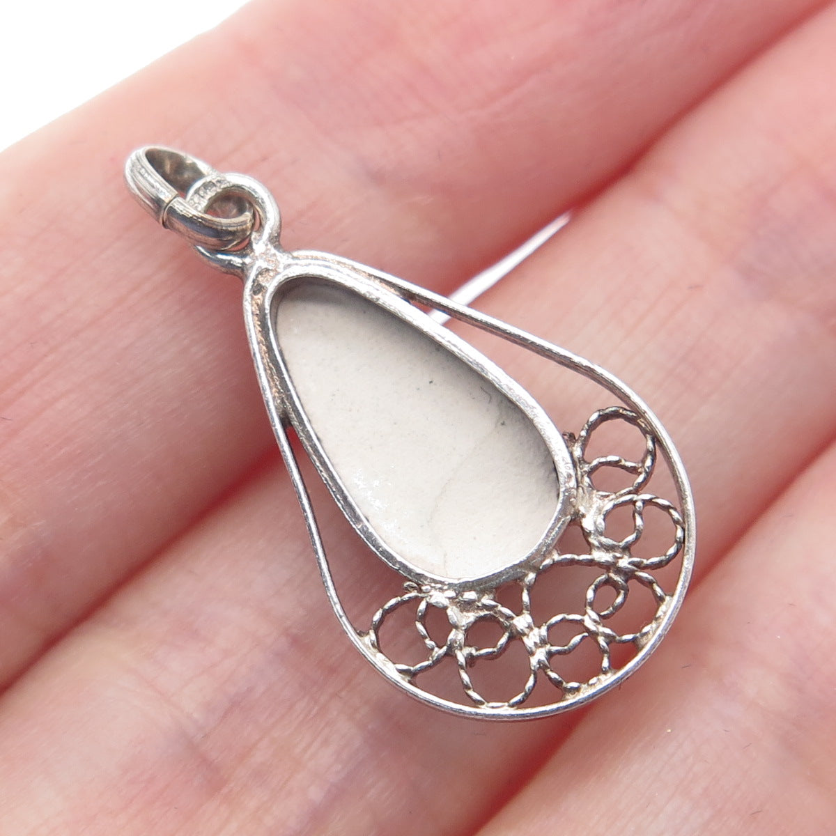 925 Sterling Silver Vintage Ceramic Old Windmill Filigree Teardrop Pendant