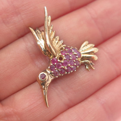 925 Sterling Gold Plated Vintage Real Ruby Hummingbird Brooch (missing 1 stone)