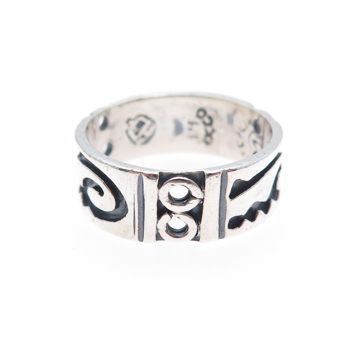 925 Sterling Silver Vintage Mexico Tribal Symbol Oxidized Band Ring Size 7.25