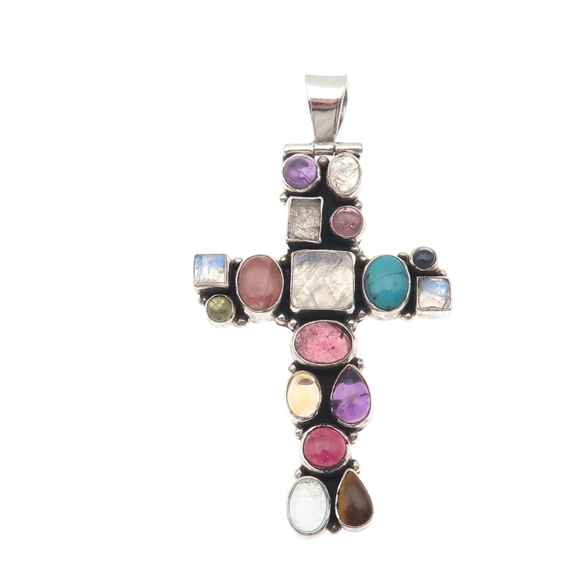 Sajen Sterling Silver Vintage Real Tourmaline Moonstone Turquoise Cross Pendant