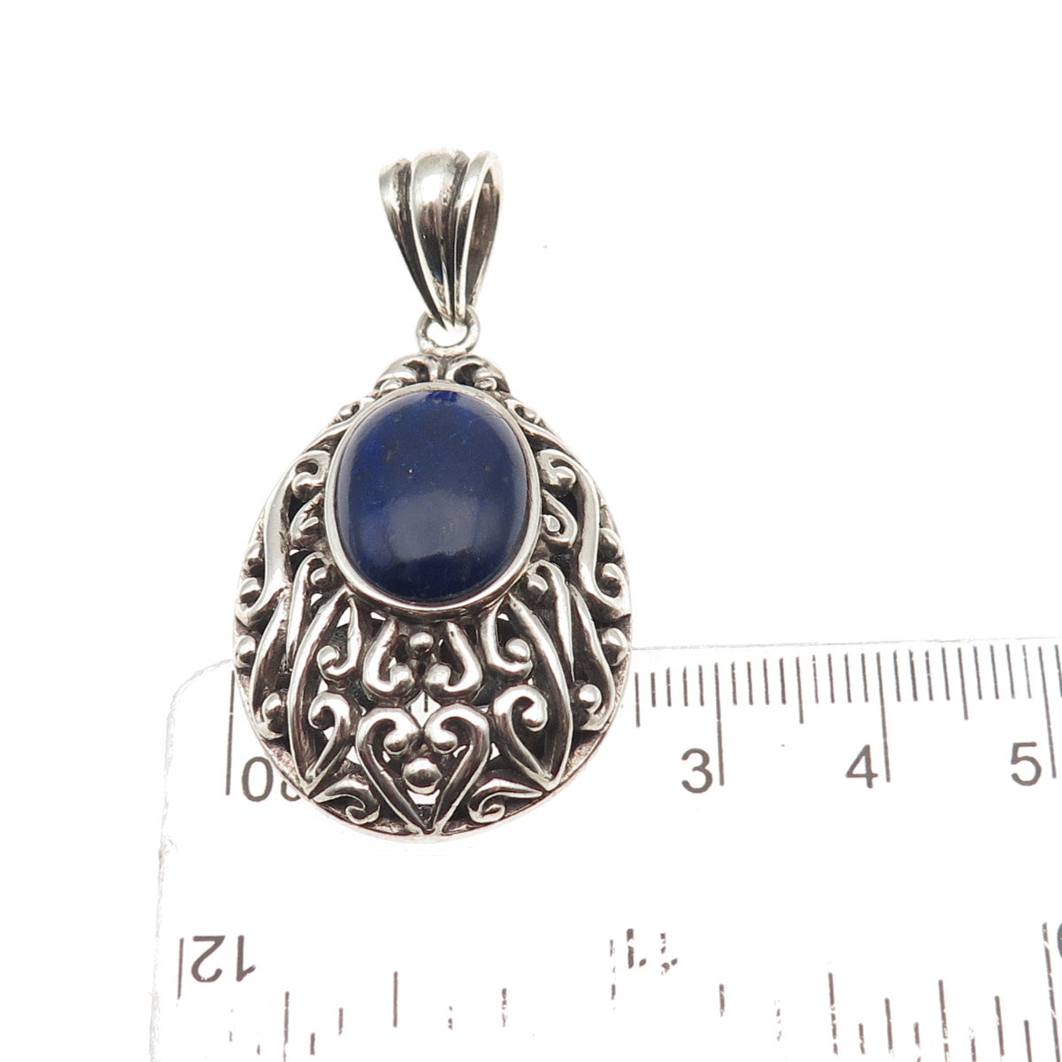 925 Sterling Silver Vintage Real Lapis Scroll Teardrop Oxidized Pendant