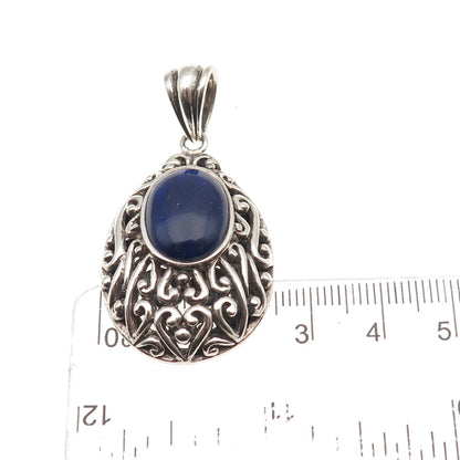 925 Sterling Silver Vintage Real Lapis Scroll Teardrop Oxidized Pendant