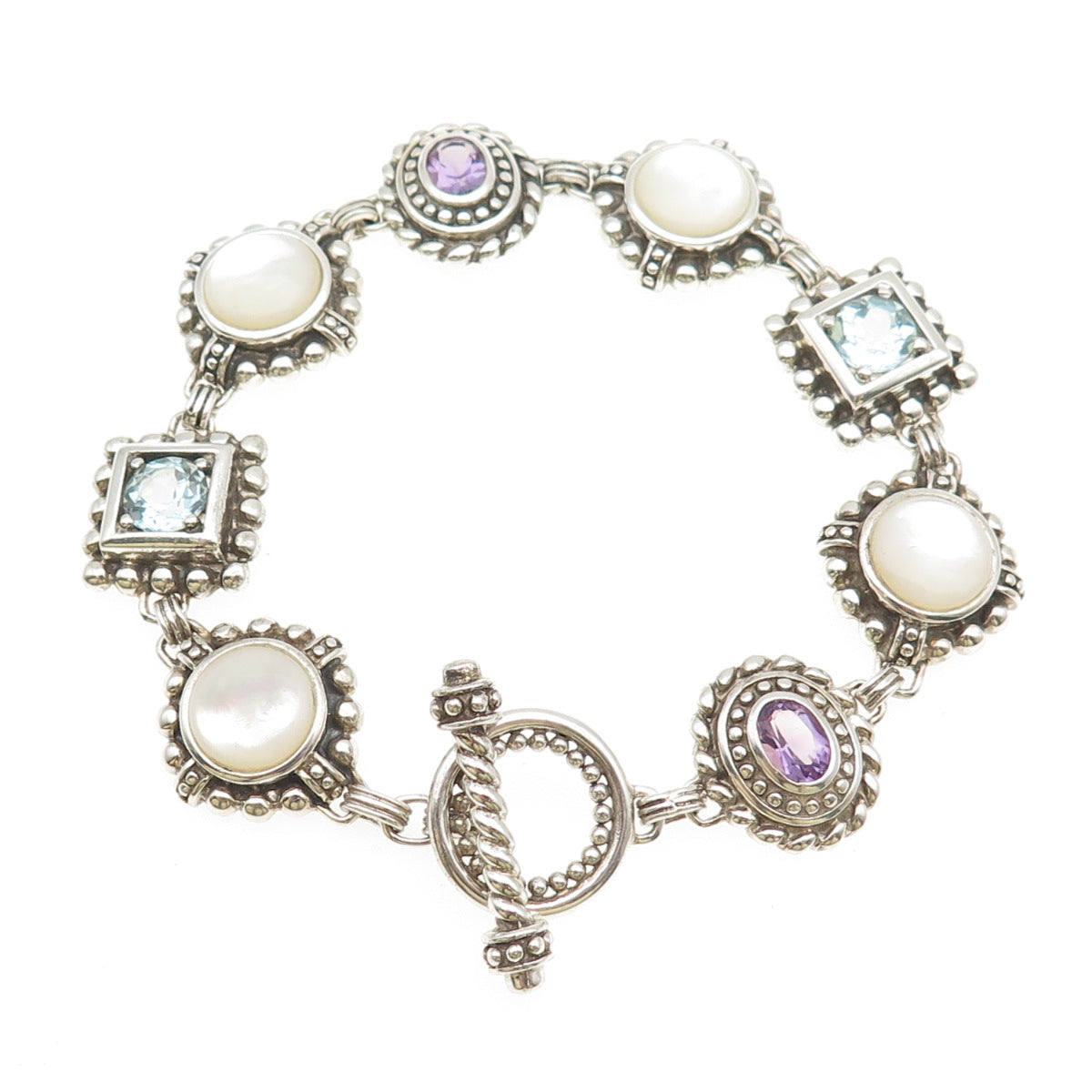 925 Sterling Silver Vintage Real MOP Amethyst & Blue Topaz Bracelet 7.75"