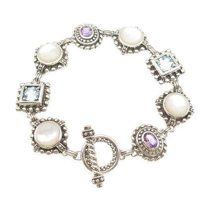 925 Sterling Silver Vintage Real MOP Amethyst & Blue Topaz Bracelet 7.75"