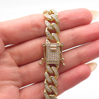 925 Sterling Silver Gold Plated C Z Cuban Link Bracelet 8.75”