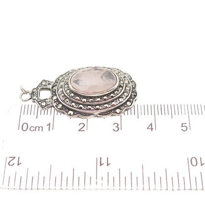 925 Sterling Silver Antique Art Deco Real Rose Quartz & Marcasite Charm Pendant