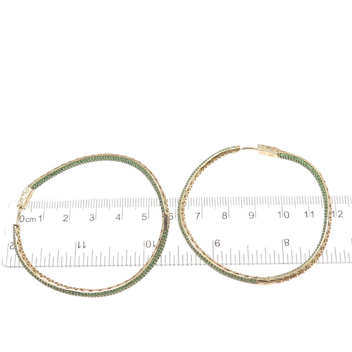 KLEO 925 Sterling Silver Gold Plated Green C Z In & Out Wavy Large Hoop Earrings