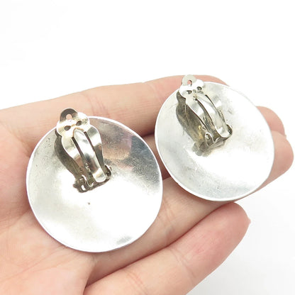 925 Sterling Silver Vintage Real Black Onyx Gem Disc Clip On Earrings