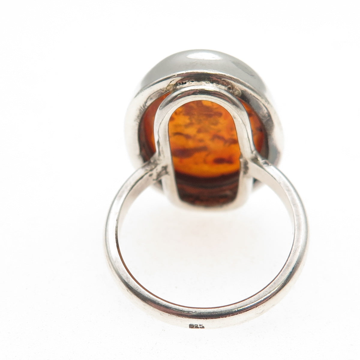 925 Sterling Silver Vintage Real Cabochon Amber Modernist Ring Size 8.5