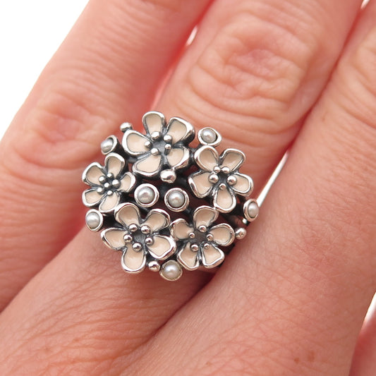 Pandora Sterling Silver Enamel Real Pearl Cherry Blossom Bouquet Ring Size 5.5