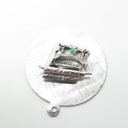 925 Sterling Silver Antique Art Deco Real Amethyst Turquoise Typewriter Pendant