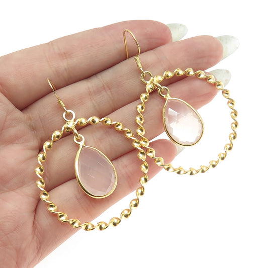 925 Sterling Silver Gold Plated Real Rose Quartz Twisted Circle Earrings