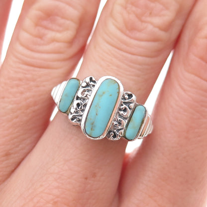 925 Sterling Silver Vintage Real Turquoise Oxidized Ring Size 6.75