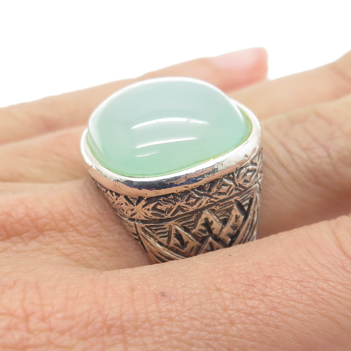 Old Pawn 925 Sterling Silver Vintage Cabochon Chalcedony Oxidized Ring Size 6.5