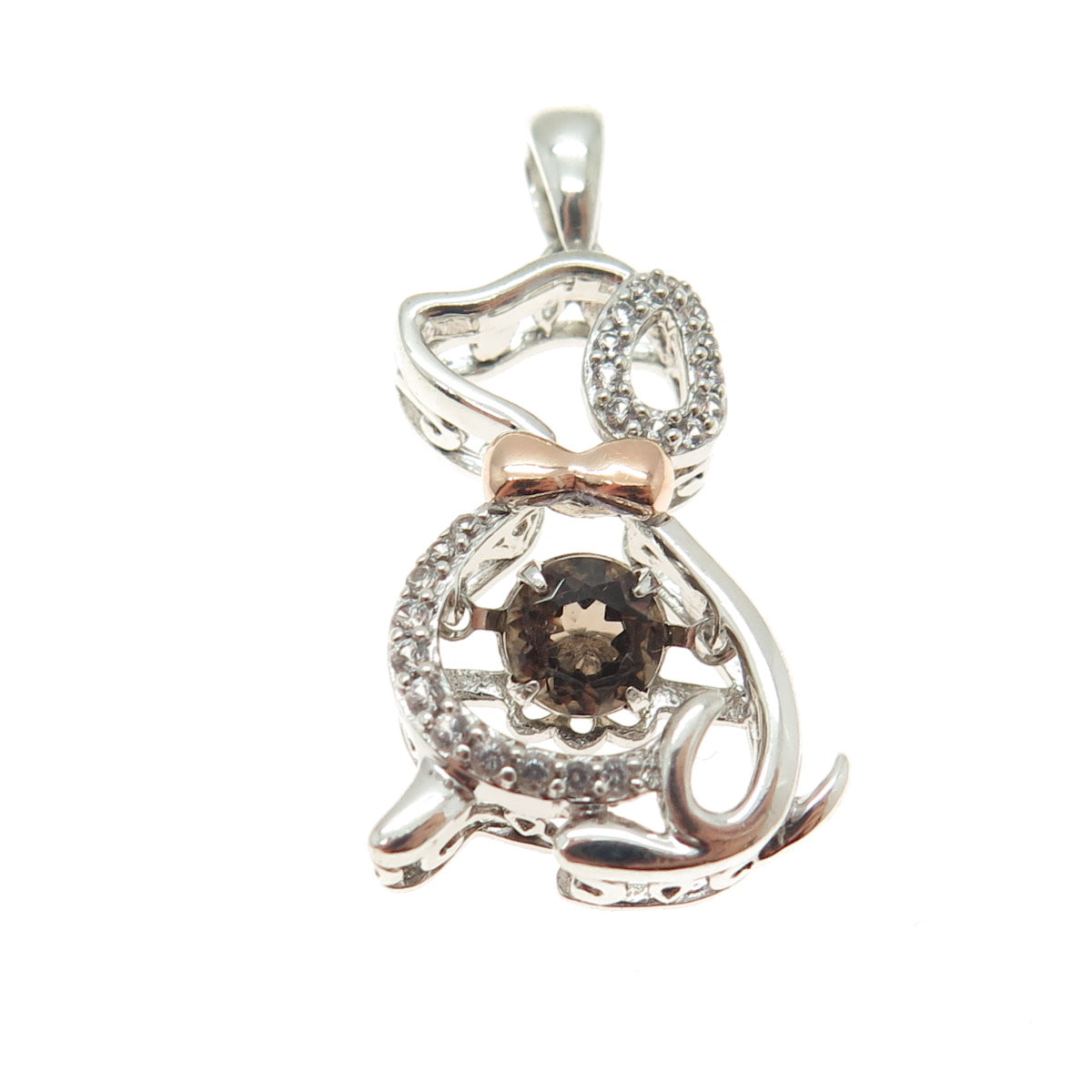 10K Rose Gold 925 Sterling Silver Real White Topaz & Smoky Quartz Dog Pendant