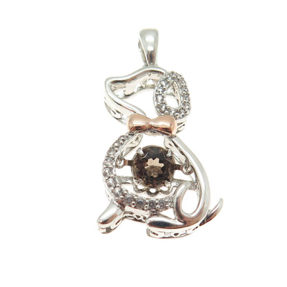 10K Rose Gold 925 Sterling Silver Real White Topaz & Smoky Quartz Dog Pendant