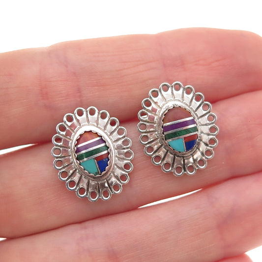 Old Pawn 925 Sterling Vintage Turquoise Coral Lapis Malachite Sugilite Earrings