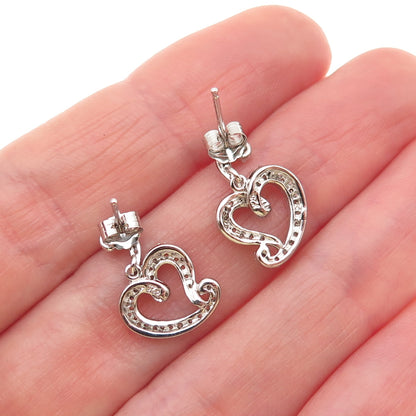 925 Sterling Silver Round-Cut C Z Heart Dangle Earrings